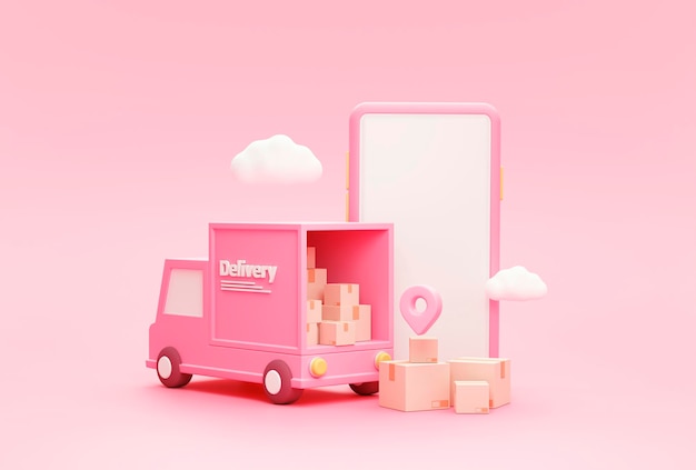 Dostawa przesyłki ciężarówką i lokalizacja wskaźnika Pin ze smartfonem i koncepcją logistyki transportu transportu w chmurze na różowym tle ilustracja renderowania 3d