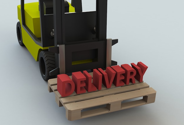 DOSTAWA, wiadomość na drewnianej poduszce z forklift ciężarówką, 3D rendering