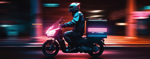 Dostawca jeździ motocyklem skuterem w nocy z neonami Rozmycie w ruchu pejzaż generatywny AI