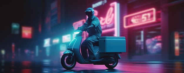 Dostawca jeździ motocyklem skuterem w nocy z neonami Rozmycie w ruchu pejzaż generatywny AI