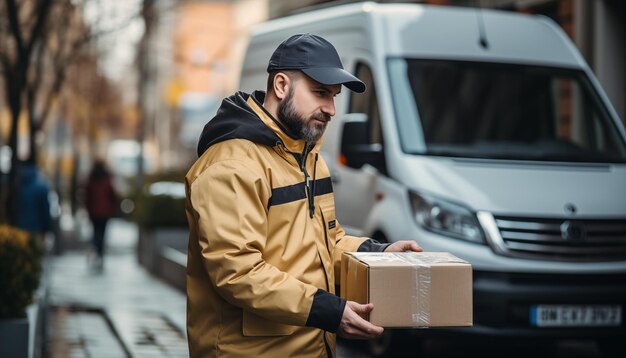 Dostawca paczek prowadzący dostawę pudełek i towarów logistyka właściciel małej firmy samozatrudniony