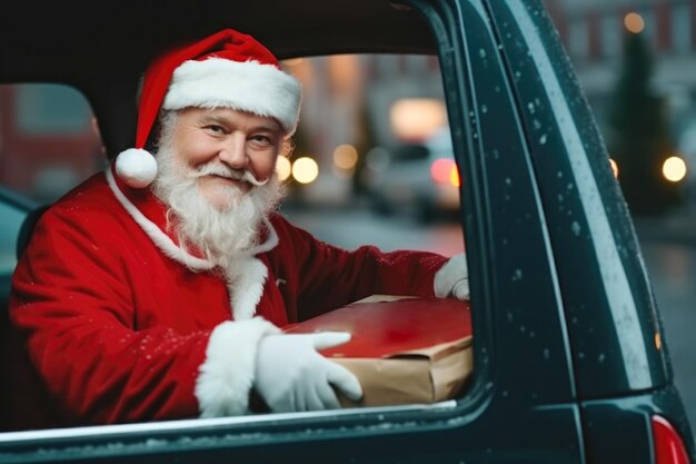 Dostawca przebrany za Świętego Mikołaja dostarczył pizzę furgonetką w śnieżny dzień