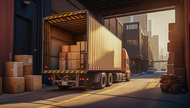 Zdjęcie dostawy na czas duża nowoczesna ciężarówka dostawcza z sztuczną inteligencją do generowania ładunków i towarów