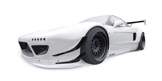 Zdjęcie dostrojony sportowy samochód wyścigowy z pneumatycznym zawieszeniem łuków i ogromnym spojlerem renderującym 3d