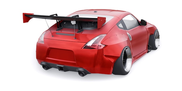 Dostrojony sportowy samochód wyścigowy z pneumatycznym zawieszeniem łuków i ogromnym spojlerem renderującym 3d