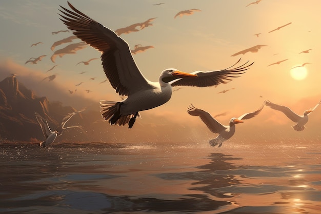 Doświadcz spokojnego spokoju natury, gdy duże stado ptaków z wdziękiem unosi się w powietrzu nad spokojnym zbiornikiem wody, eskadra pelikanów unosi się nad spokojną zatoką.