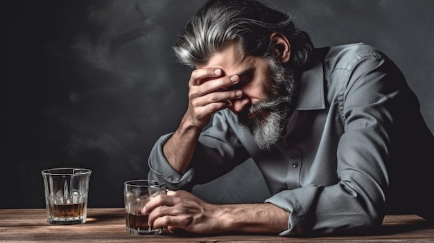 Zdjęcie doświadczanie kaca mężczyzna przy stole z napojem alkoholowym na szarym tle generatywna sztuczna inteligencja