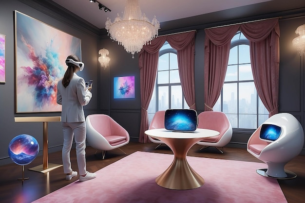 Zdjęcie doświadczenie aukcji sztuki w wirtualnej rzeczywistości w futurystycznej galerii z makietą licytacji