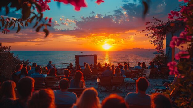 Doświadczenie w kinie na świeżym powietrzu z widokiem na zachód słońca i morze Oglądanie filmu na zewnątrz przy kwitnącej pergole