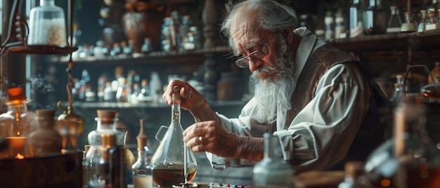 Doświadczony lekarz renesansowy wynalazł w swoim laboratorium eliksir leczniczy średniowieczny przedstawiciel stary aptekarz eksperymentuje z chemią i tworzy nowy lek