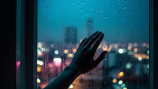 dotyka okna otwórz dłoń nocny widok miasta w deszczowej nocy został uchwycony przez