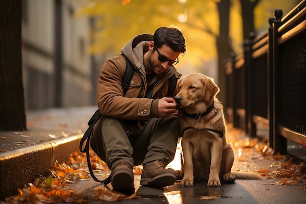 Dotykająca interakcja Pies przewodnik i niewidoma osoba dzielą się serdecznym momentem Generative Ai