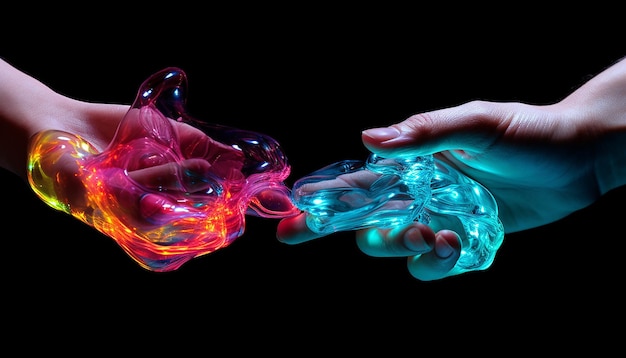 Zdjęcie dotykające się dwa palce wykonane z wibrującej ciekłej plazmy