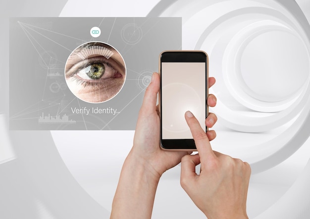 Dotykanie dłonią telefonu komórkowego i oka tożsamości Sprawdź interfejs aplikacji
