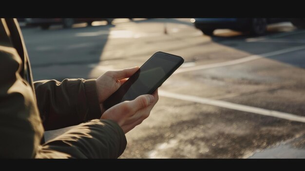 Dotykanie ekranu smartfona ręką mężczyzny na parkingu