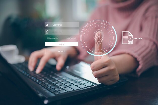Dotykowy odcisk palca z wirtualnym globalnym z cyberbezpieczeństwem Logowanie Bezpieczeństwo informacji identyfikujących użytkownika i szyfrowanie bezpieczny dostęp do danych osobowych użytkowników bezpieczny dostęp do Internetu