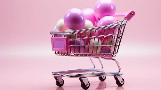 Double Basket 2-poziomowy wózek na zakupy Wózek na zakupy Wózek na zakupy odizolowany na różowym tle
