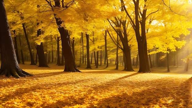 Download HD Wallpaper Żółte jesienne liście w nasłonecznionym lesie liściastym