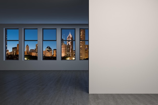 Downtown Chicago City Skyline Budynki Okno tło Kopia przestrzeń biała ściana Pusty pokój Wnętrze Wieżowce Widok makieta koncepcja Noc renderowania 3d