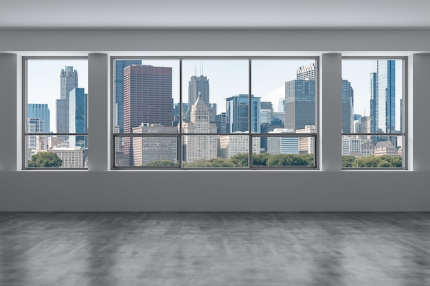 Downtown Chicago City Skyline Budynki z okna wysokiego wzrostu Piękna droga nieruchomość z widokiem Pusty pokój Wnętrze Drapacze chmur Widok w Penthouse Cityscape Daytime 3d rendering