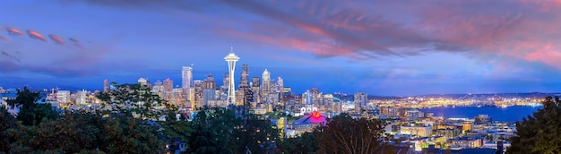 Downtown Seattle panoramę miasta w Stanach Zjednoczonych o susnset