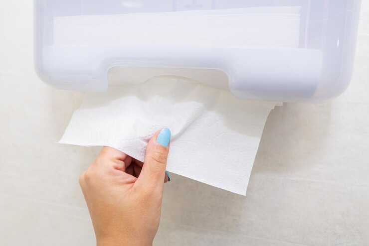 Dozownik ręczników papierowych Kobieta ręka biorąca ręcznik papierowy