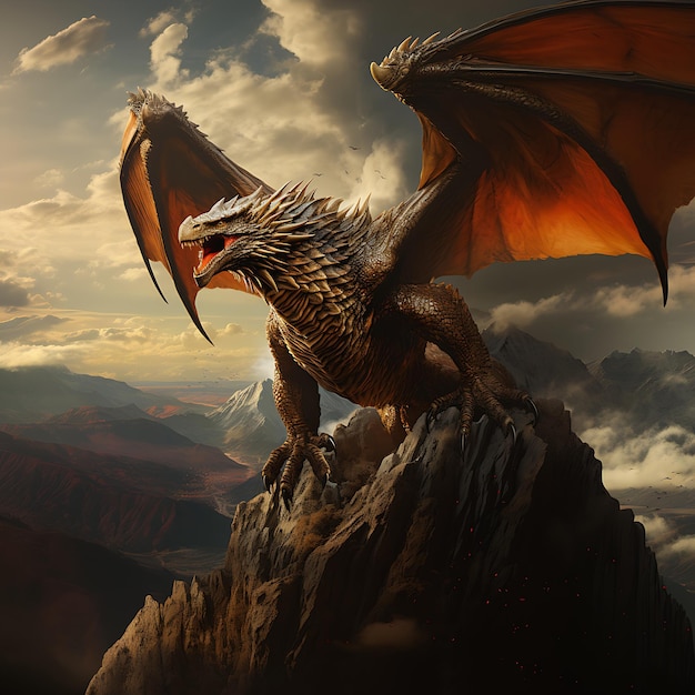 Dragon Promo Material Jasne ogniste złote skrzydła szybujące nad