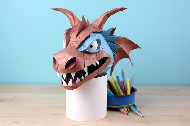 Zdjęcie dragon shaping fun crafting educational pencil holder from toilet paper scissors a 32 arts