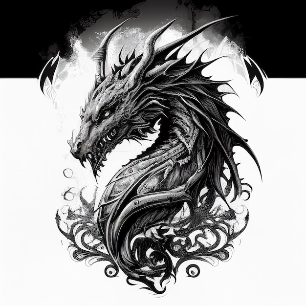 Dragon Tattoo Izolowana sylwetka wiwerny plemiennej Czarny biały smok Abstrakcyjna generatywna ilustracja AI