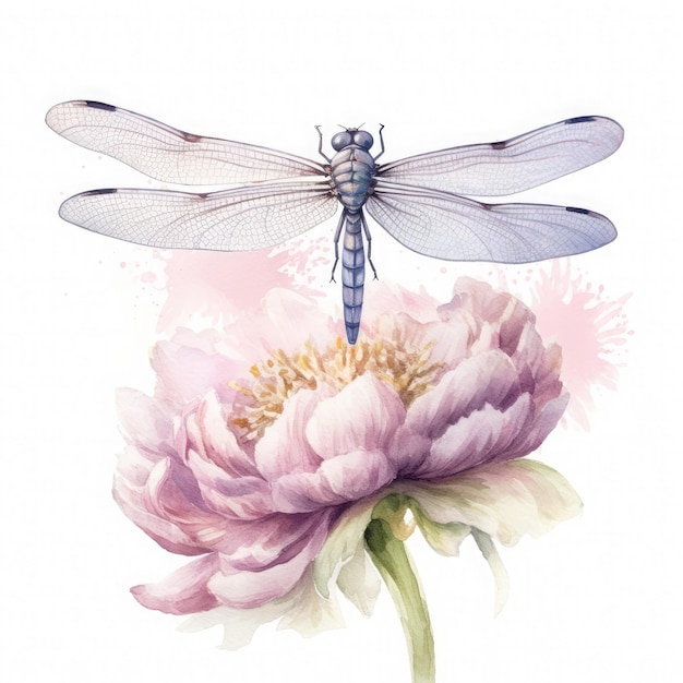 Dragonfly Flower Akwarela Clipart Akwarela Dragonfly Flower Wygenerowane przez AI