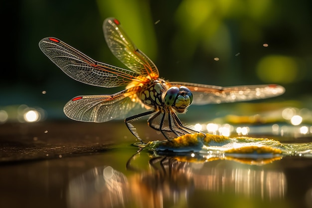 Dragonfly na powierzchni wody z zielonym tłem