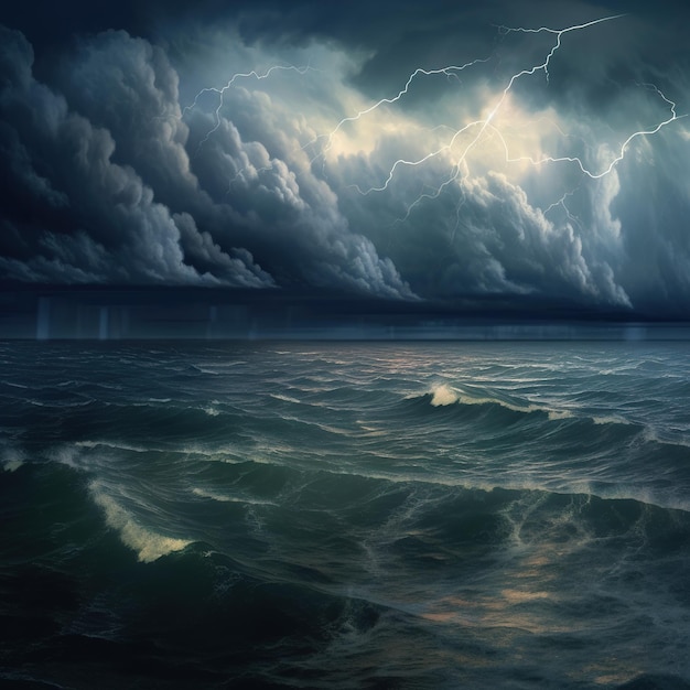 Zdjęcie dramatyczna burza piorunowa nad burzliwym oceanem.