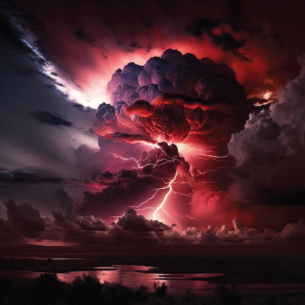 Zdjęcie dramatyczna czerwona błyskawica i chmury na niebie