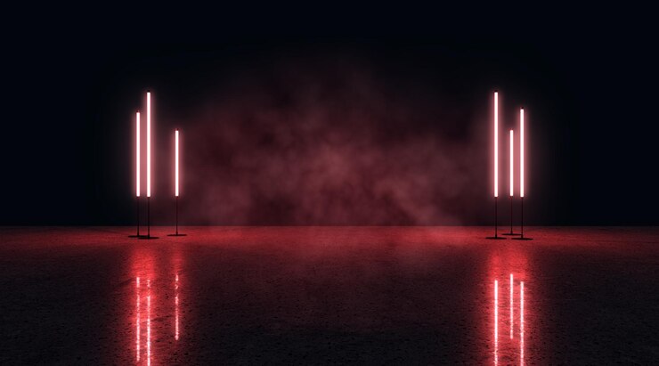Zdjęcie dramatyczne filary czerwonego światła odbijają się na ciemnej scenie z mgłą koncepcja wykonania 3d rendering