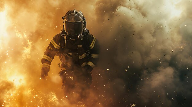 Dramatyczne i artystyczne przedstawienie ćwiczenia strażaków z strażakiem w pełnym garniturze zbliżającym się pośród dymu i przeszkód szkoleniowych tworząc kinematograficzną AI Generative