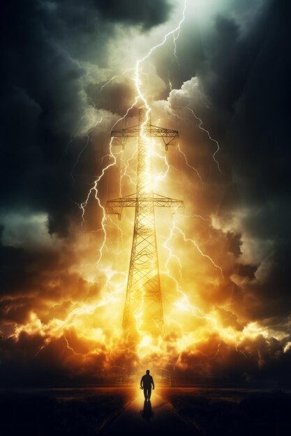 Zdjęcie dramatyczne linie elektryczne z tętniącym życiem zachodem słońca dynamiczne i marzone przedstawienie wysokich filarów elektrycznych na tle żywego nieba w zmierzchu