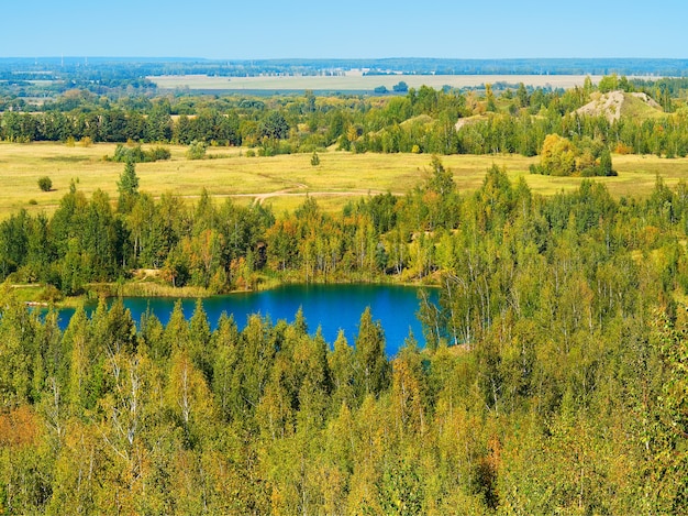 Dramatyczne niebieskie jezioro otoczone zielonym tłem krajobrazu lasu