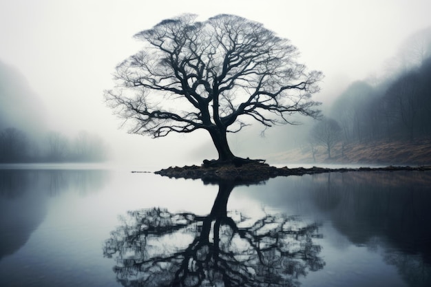 Dramatyczne odbicie samotnego drzewa w pokrytym mgłą lesie