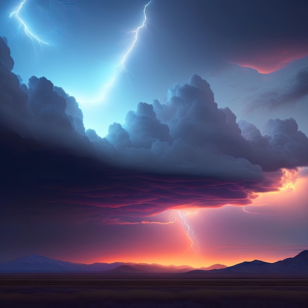 Dramatyczne oświetlenie, burza w chmurach. Błyskawica burza. Ilustracja 3D