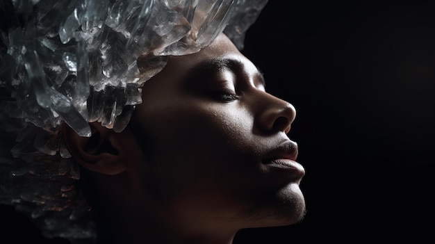 Dramatyczne oświetlenie skrystalizowanego portretu na ludzkiej głowie wykonanej ze szkła
