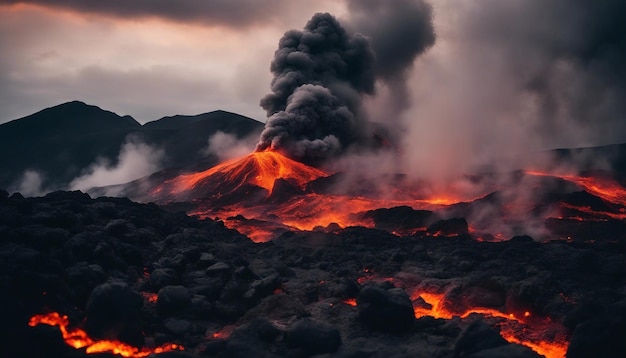 Dramatyczny krajobraz wulkaniczny z roztopioną lawą, płynącymi, czarnymi skałami i wznoszącym się dymem.