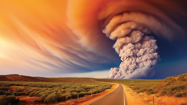 Dramatyczny krajobraz z ciężkim ogniem i kłębami dymu w pożarze buszu w Australii Zachodniej