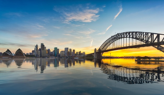 Dramatyczny panoramiczny obraz miasta Sydney o zachodzie słońca, w tym Rocks Bridge i Opera House ze sztucznym odbiciem oceanu