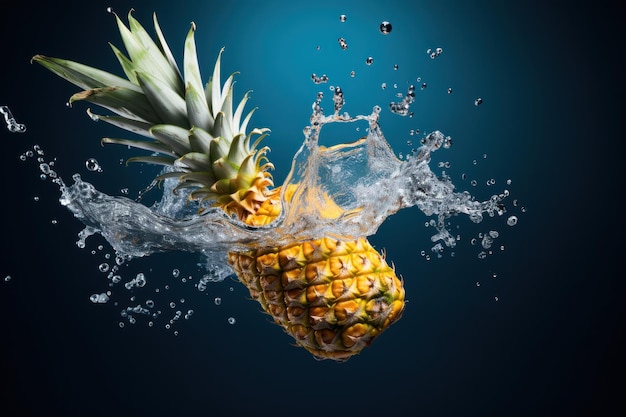 Dramatyczny plusk ananasa Ananas na ciemnym tle z pluskiem wody Generatywna sztuczna inteligencja