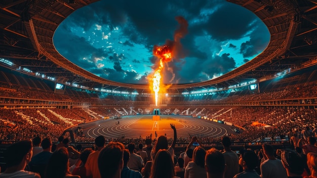 Dramatyczny Stadion Olimpijski z ognistymi pirotechnikami w tle wieczornego nieba pełnego widzów
