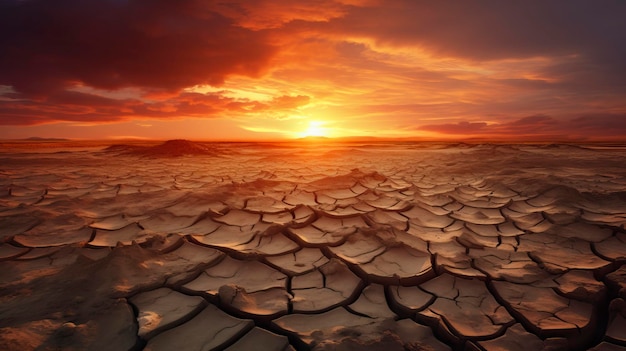 Dramatyczny zachód słońca nad pękniętą ziemią Pustynny krajobraz