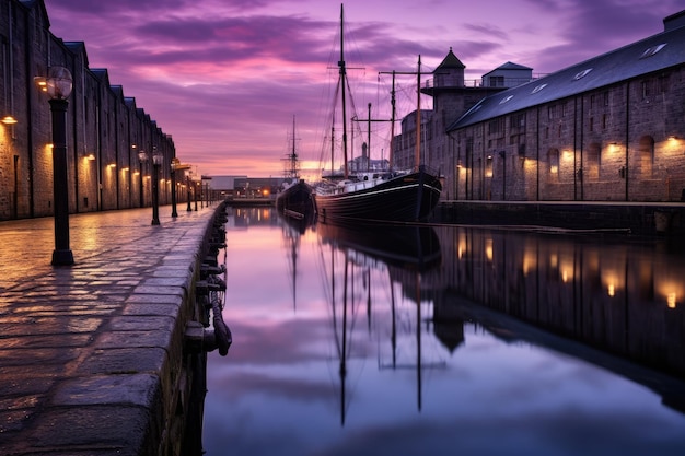 Dramatyczny zachód słońca nad przystanią w starym mieście Edynburga w Szkocji Old Leiths Docks at Twilight Edinburgh Scotland AI Generated