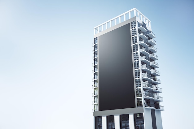 Drapacz chmur z pustym prostokątnym czarnym banerem billboardowym na niebieskim tle nieba Ogłoszenie publiczne i koncepcja reklamy Makieta renderowania 3D