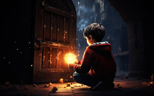 Dream Portal High Detail chłopca z kluczem siedzącego przed magicznymi drzwiami