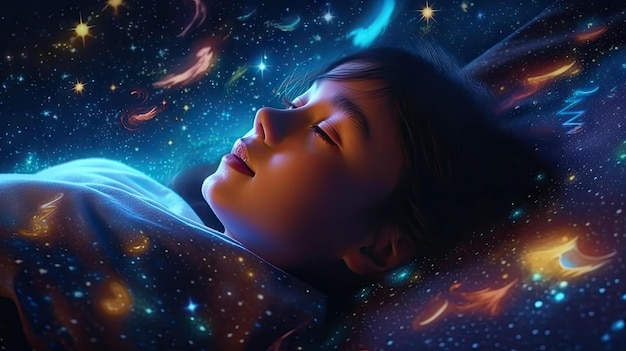 Dreaming Among the Stars Ilustracja 3D przedstawiająca młodą Azjatkę śpiącą w przestrzeni kosmicznej Generatywna sztuczna inteligencja